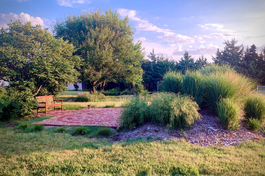 Country garden with grasses and a brick patio