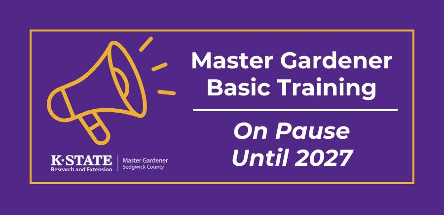 Purple box with annoucement icon that reads "Master Gardener Basic Training On Pause Until 2027"