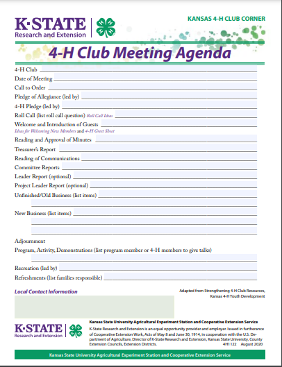 4-H Club Meeting Agenda