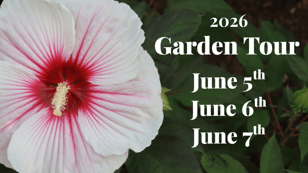 White Hibiscus with Text reading "2026 Garden Tour June 5, June 6, June 7"